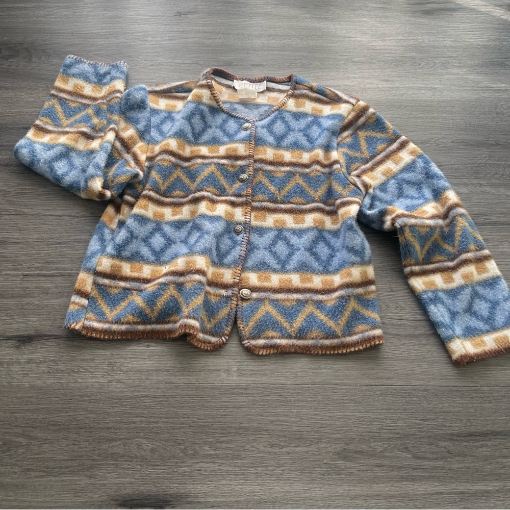 Vintage Petite Sophisticate Blue/Tan Southwestern Print Blanket Fleece Jacket PM